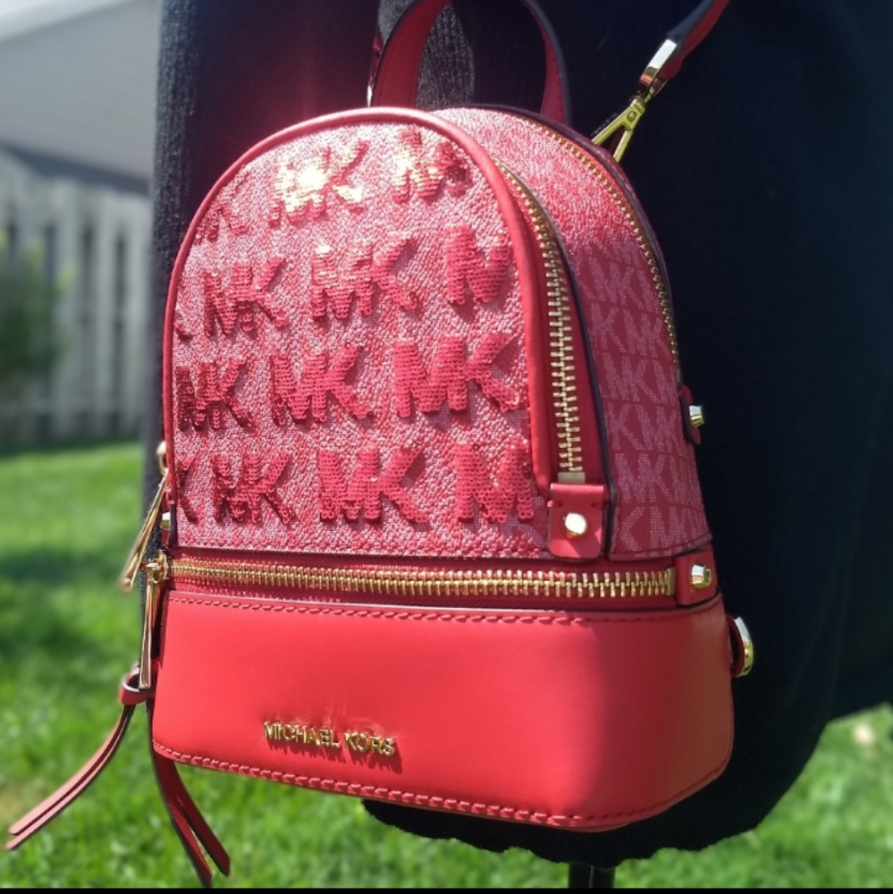 NEW Michael Kors Red Sequin Logo Rhea Convertible Messenger Bag